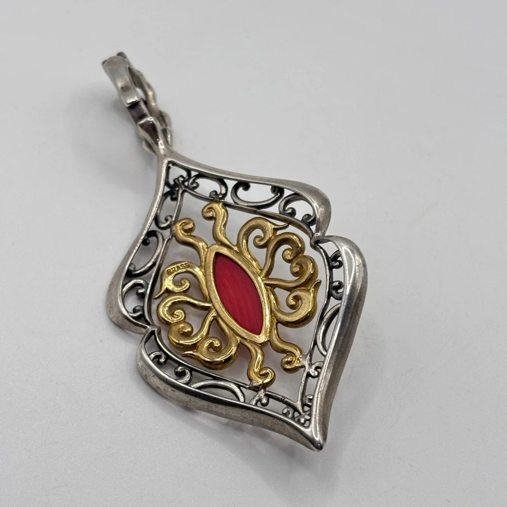 Vintage Carolyn Pollack Pendant Enhancer 925 Silver Brass Red-Orange Stone 3